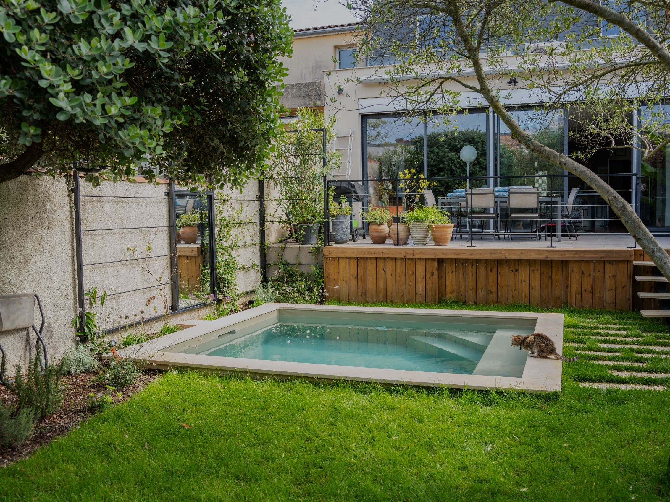 Mini piscine carrée avec margelles en pierre dans un jardin urbain à Bordeaux, terrasse en bois surélevée et gazon, réalisée par TO L'Atelier des Jardins, paysagiste à Bordeaux.